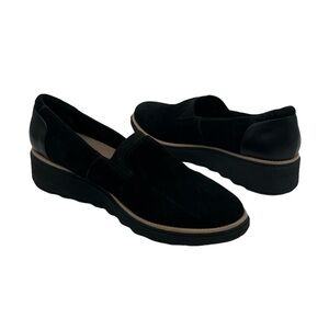 Clarks Black Suede Sharon Dolly Platform Wedge Loafers Size 9 Women's